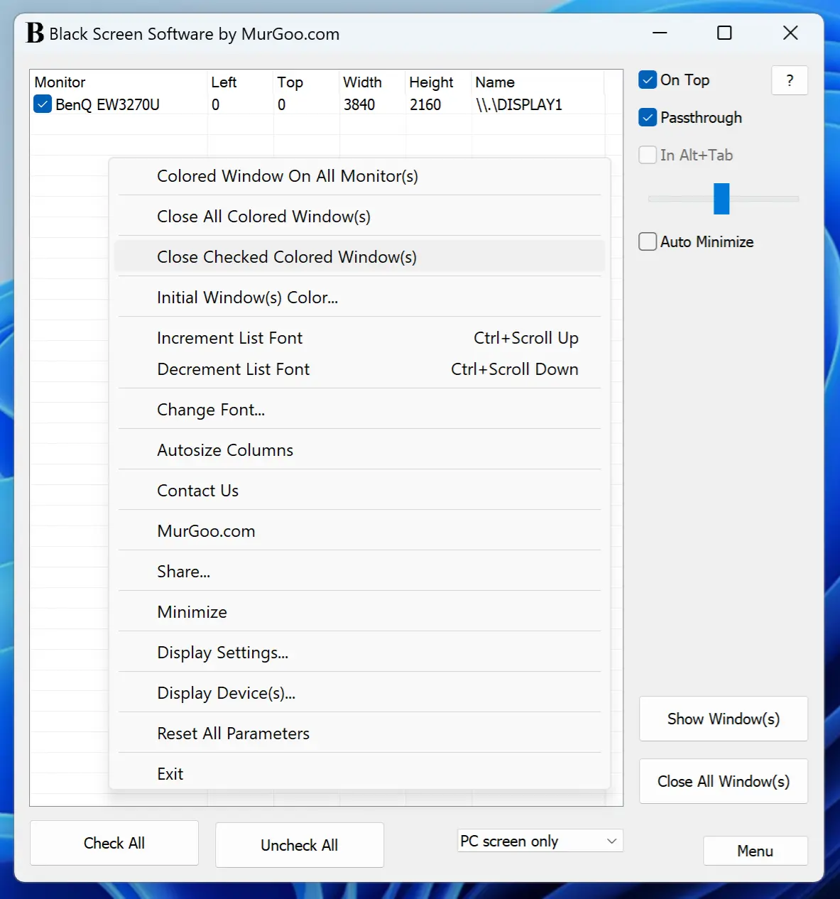 Screenshot displaying Right Click Menu offering various features to control Black Screen Software